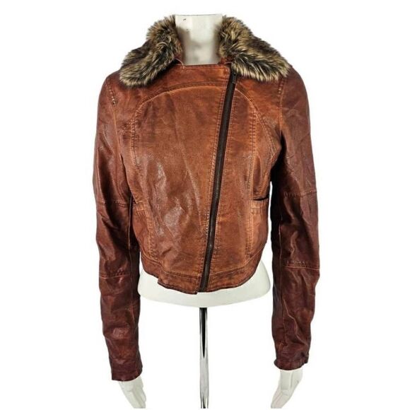 Black Rivet Women’s Large Brown Faux Leather Jacket Fur Collar Moto Style - Picture 1 of 8
